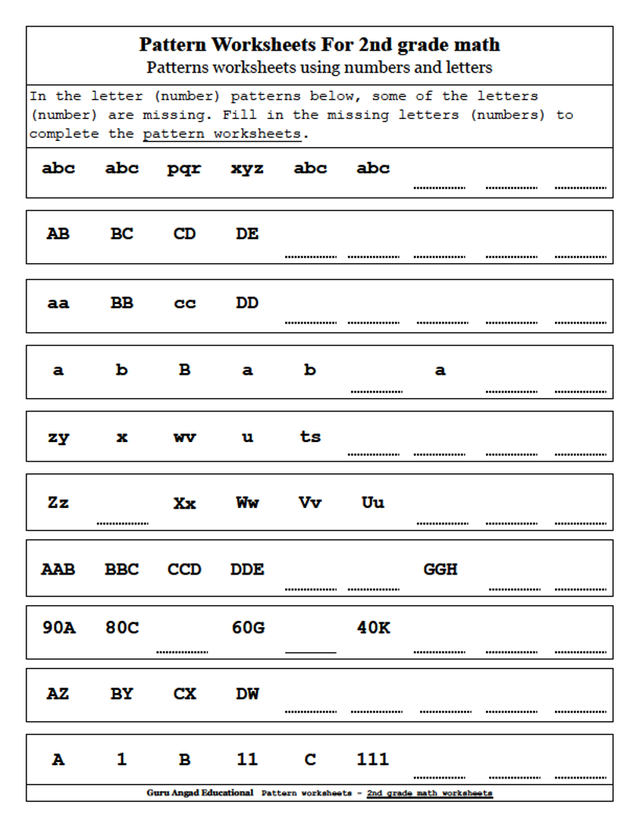 2nd Grade Math - Patterns Worksheets using Numbers and Letters ...