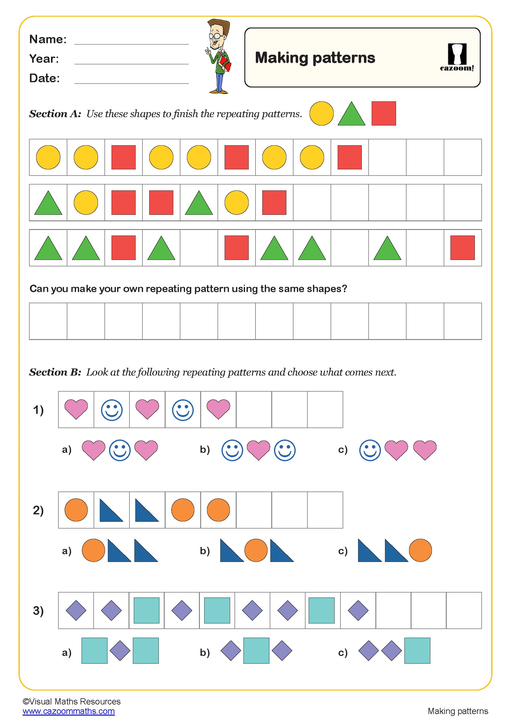 Making Patterns Worksheet | Key Stage 1 PDF Geometry Worksheets ...
