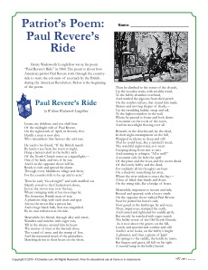 paul revere poem worksheet