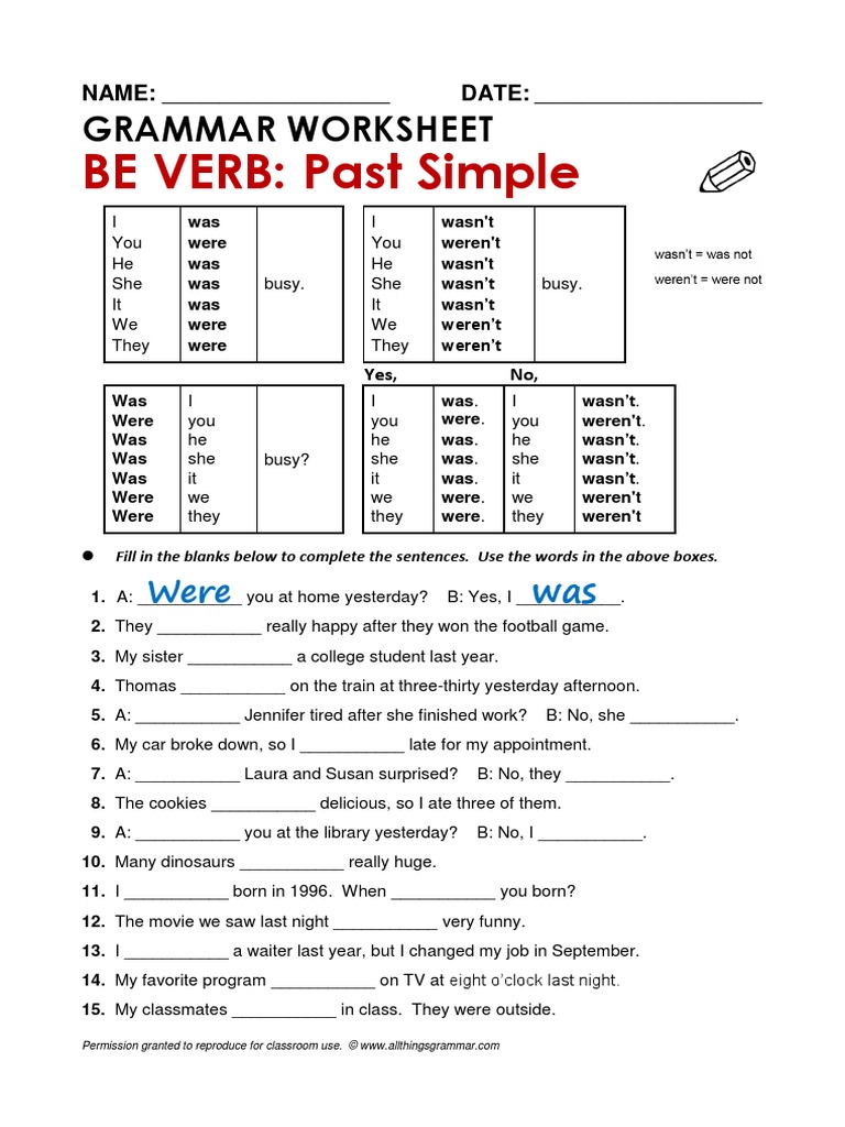 Grammar Worksheet. VERB TO BE (Simple Past) PDF | PDF ...