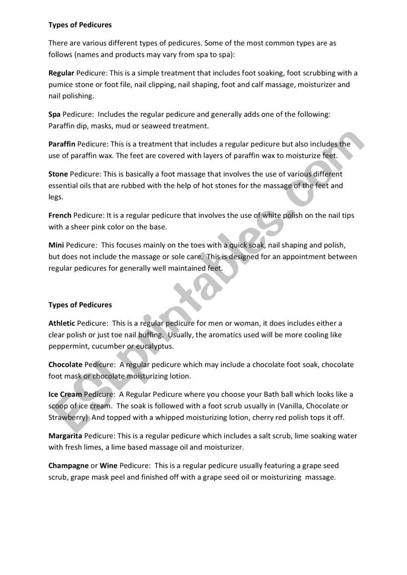 Types of pedicure - ESL worksheet by kadriim