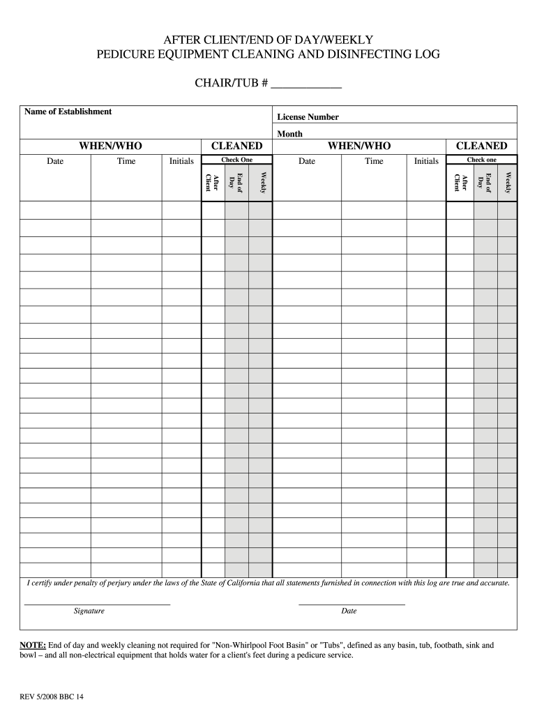Pedicure cleaning log sheet florida: Fill out &  sign online | DocHub