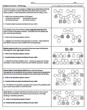 Worksheet on Pedigree Analysis Showing Family Traits