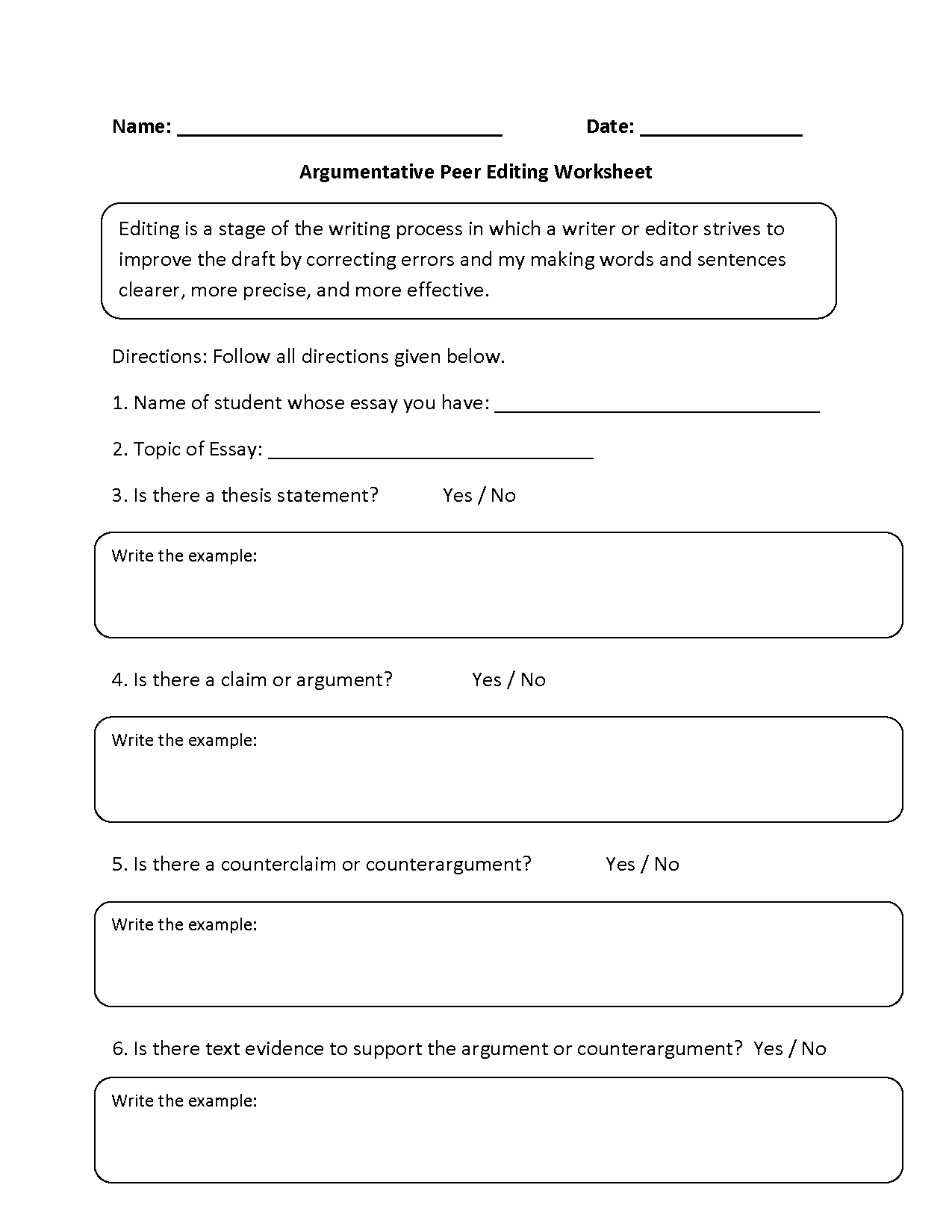 peer editing worksheet middle school