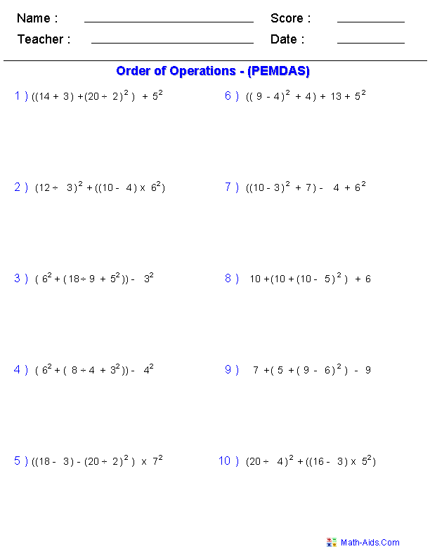 Order of Operations Worksheets | Order of Operations Worksheets ...