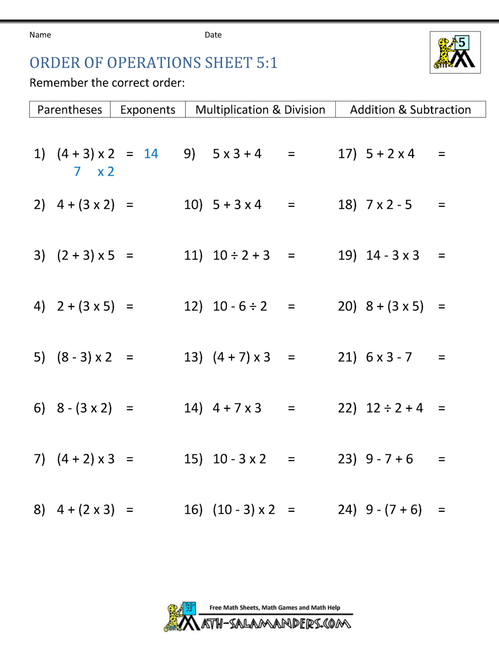 pemdas worksheet 5th grade