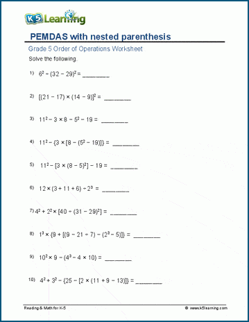 Grade 5 PEMDAS Worksheets | Worsheets library | Worsheets library