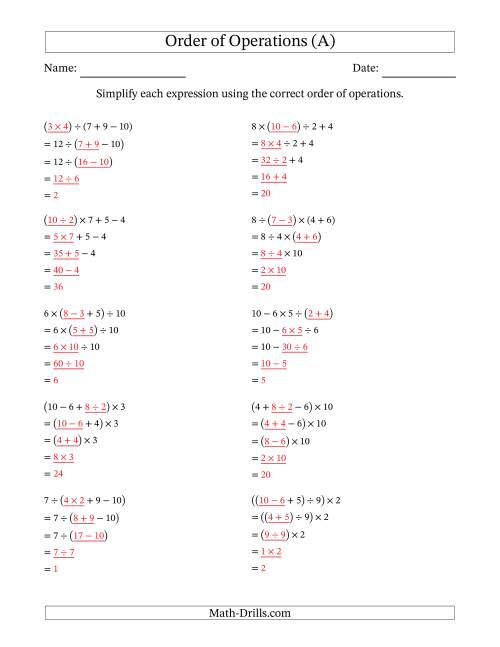 Order of Operations with Whole Numbers and No Exponents (Four ...