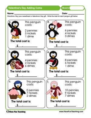 Valentines Day Adding Coins Worksheet  