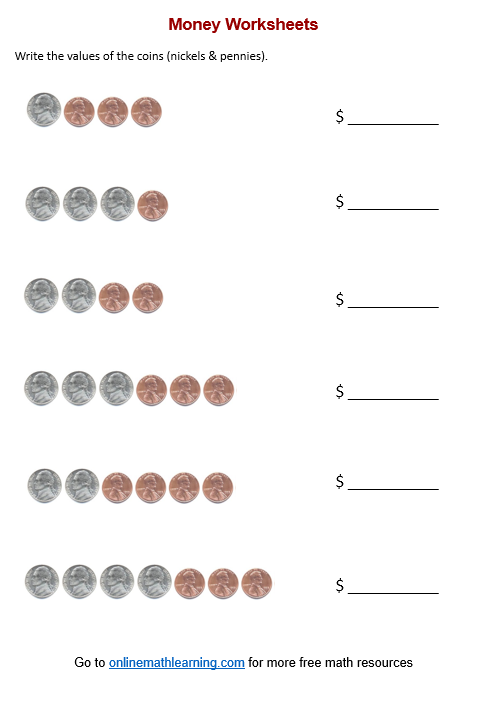 Counting Nickels &  Pennies (worksheets, printable, online, answers)