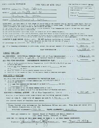 1994 Pension Worksheet for Rev. Coffman