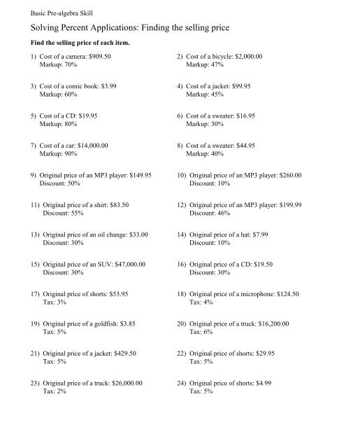Solving Percent Applications: Finding the selling price worksheet