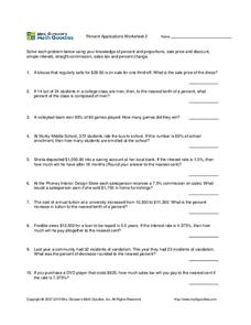 Percent Application Worksheet Worksheet for 6th - 7th Grade ...