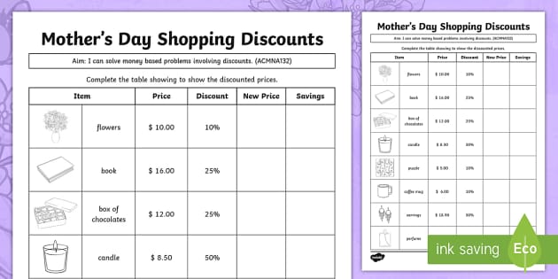 Mothers Day Shopping Discounts Worksheet / Worksheet