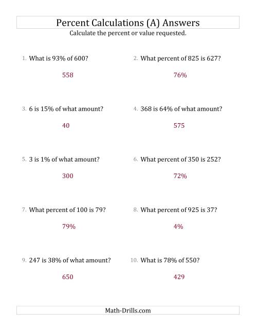 Mixed Percent Problems with Whole Number Amounts and All Percents (A)