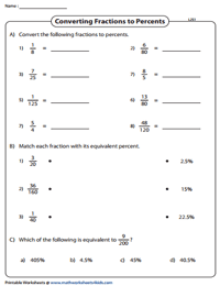 Convert between Fractions, Decimals, and Percents Worksheets