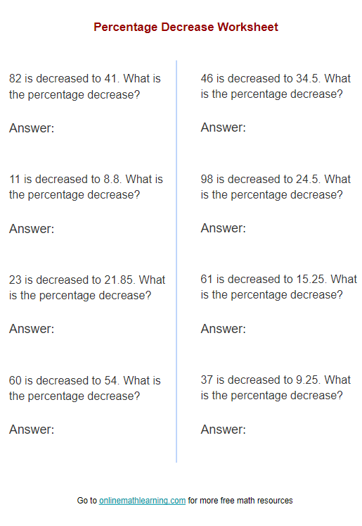 Percentage Decrease Worksheet (answers, examples)