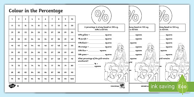 Colour in Percentage 100 Number Square Worksheet - Twinkl