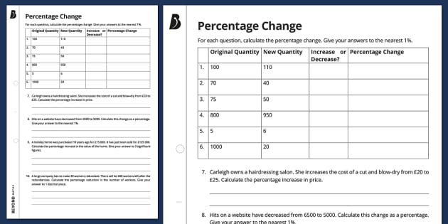 percent of change worksheet