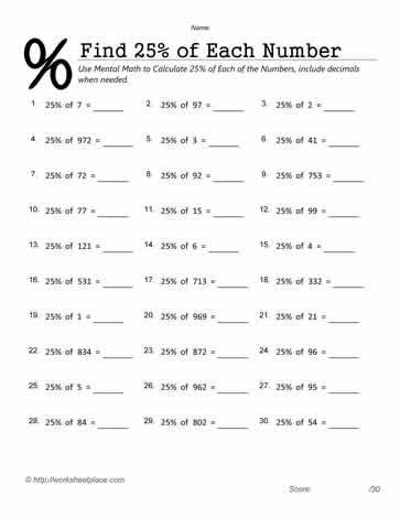Find 25 Percent Worksheets