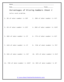 Missing Percentages of Values Worksheets