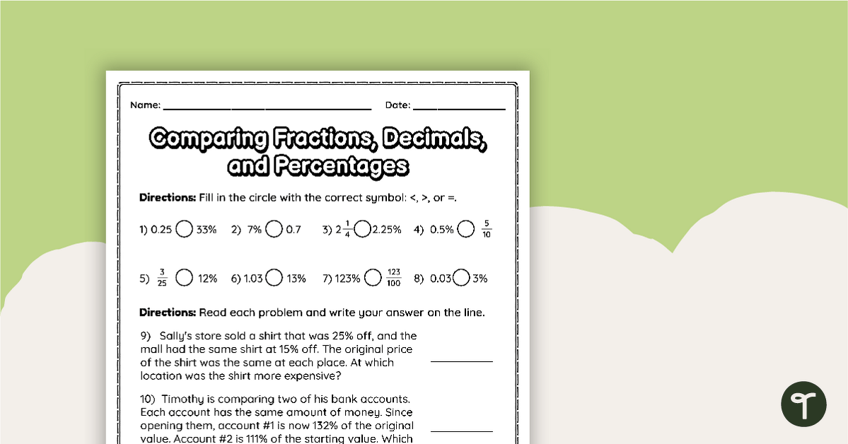 percent to decimal to fraction worksheet