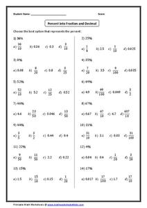 percent to fraction worksheet
