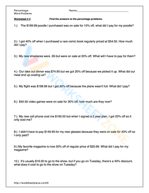 percent word problems worksheet grade 6