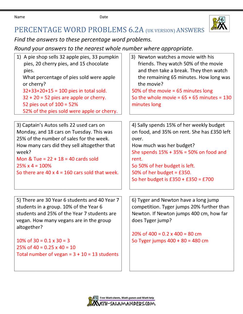 percent word problems worksheet grade 6