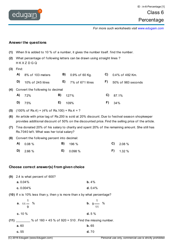 Grade 6 - Percentage | Math Practice, Questions, Tests, Worksheets ...