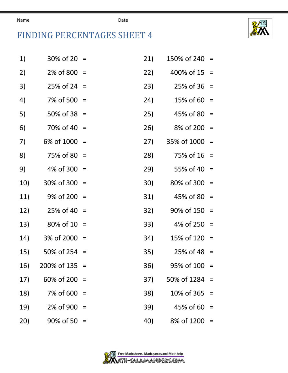 Finding Percentage Worksheets