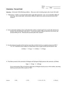 Percent Yield Worksheet for 9th - 12th Grade | Lesson Planet