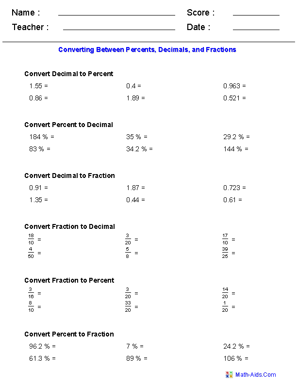 percentage math sheets