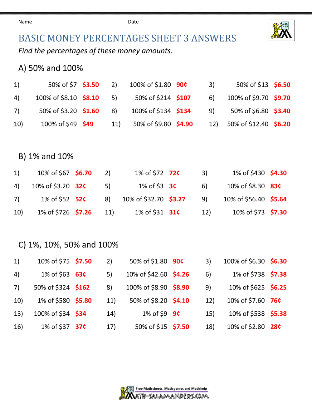 percentage of a number worksheet