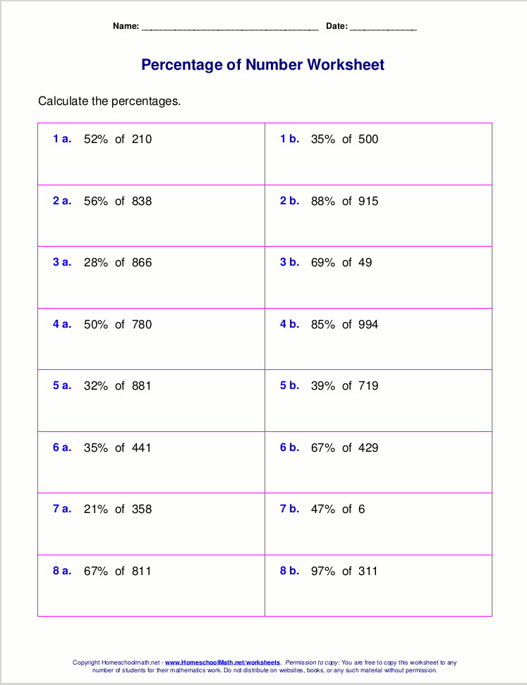 Free printable percentage of number worksheets
