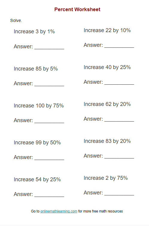 percentage word problems worksheet with answers