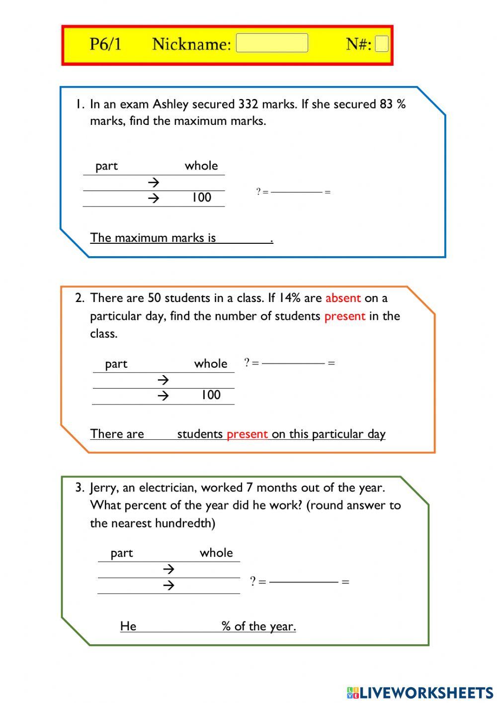 Percentage Worksheet With Answers
