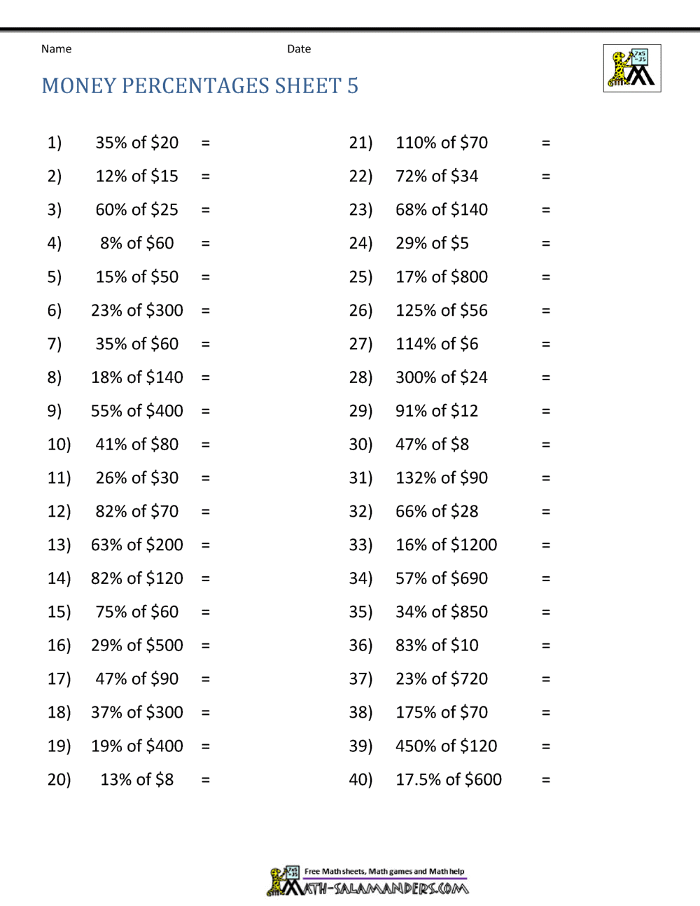 percentages worksheet grade 4