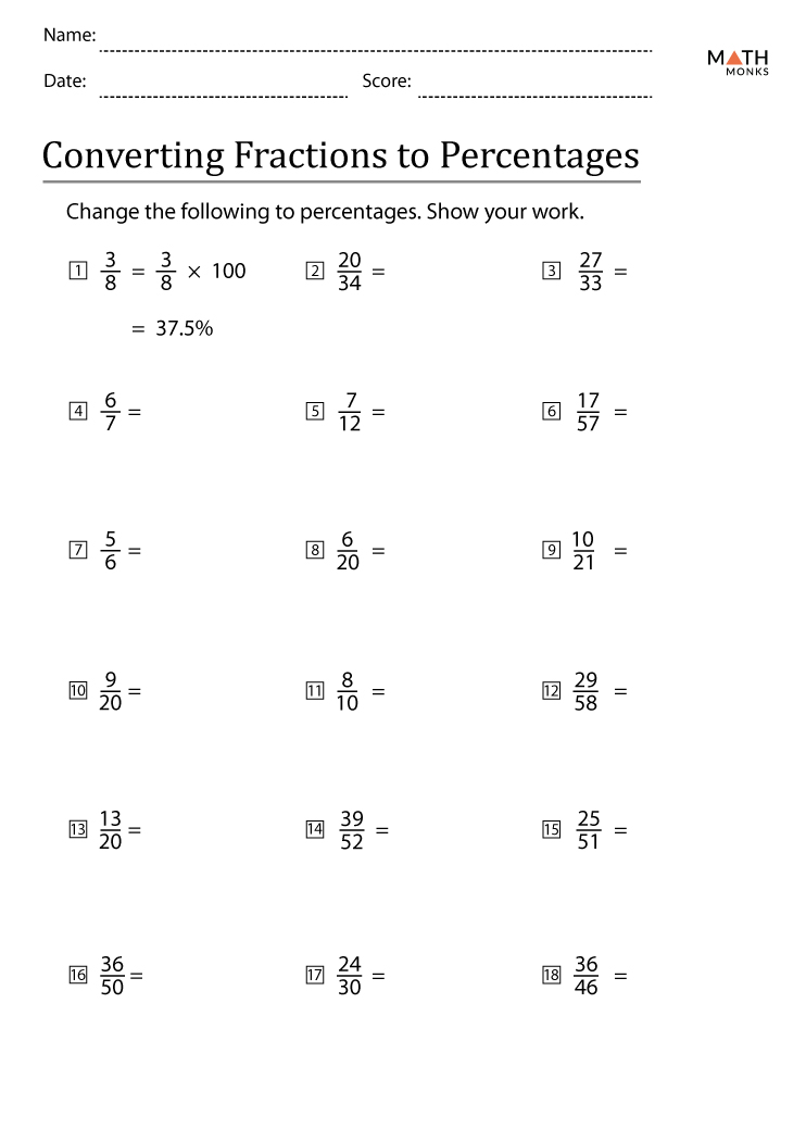Fraction to Percent Worksheets - Math Monks