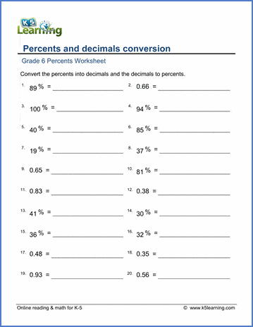 Grade 6 Math worksheet - Percents and decimals conversion | Worsheets library...