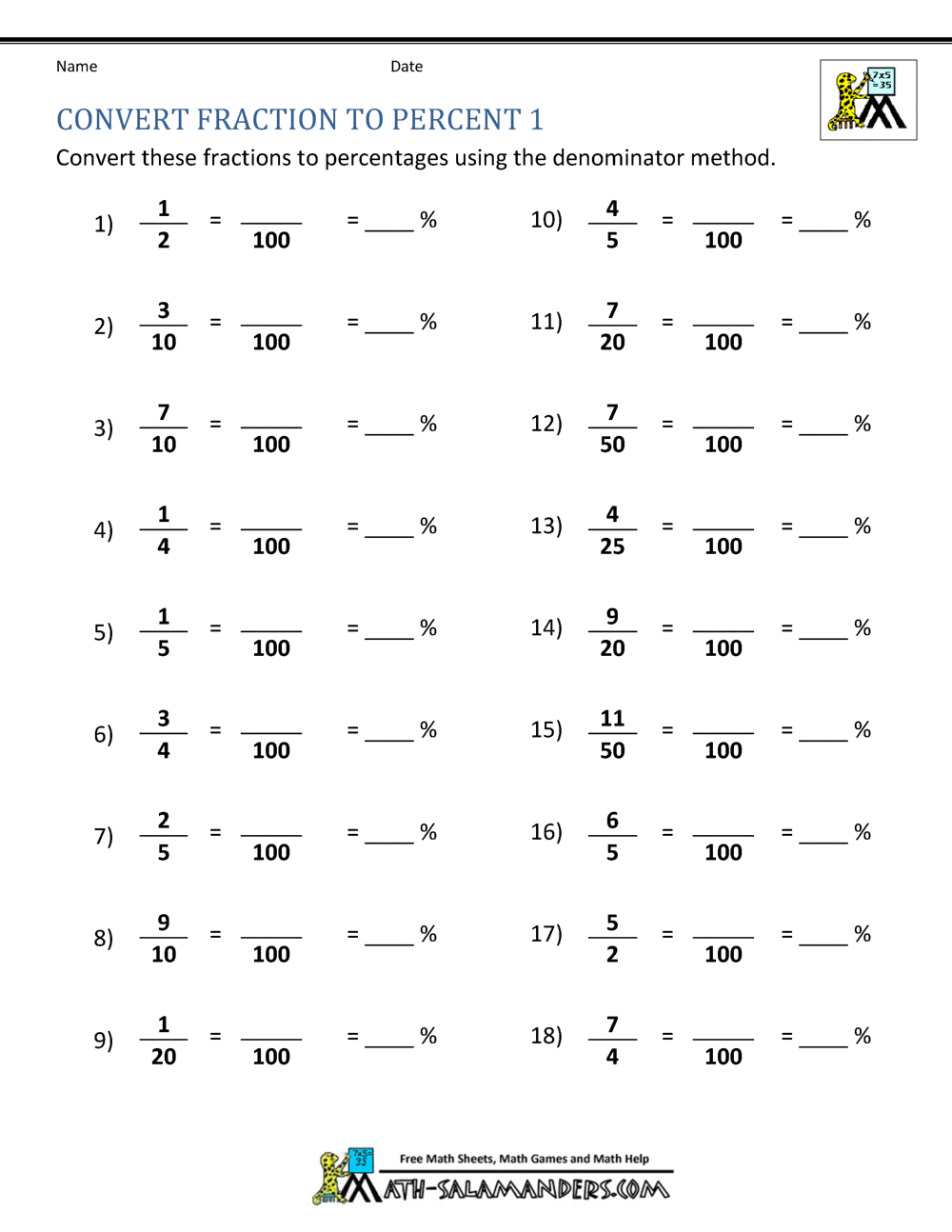 percents and fractions worksheet