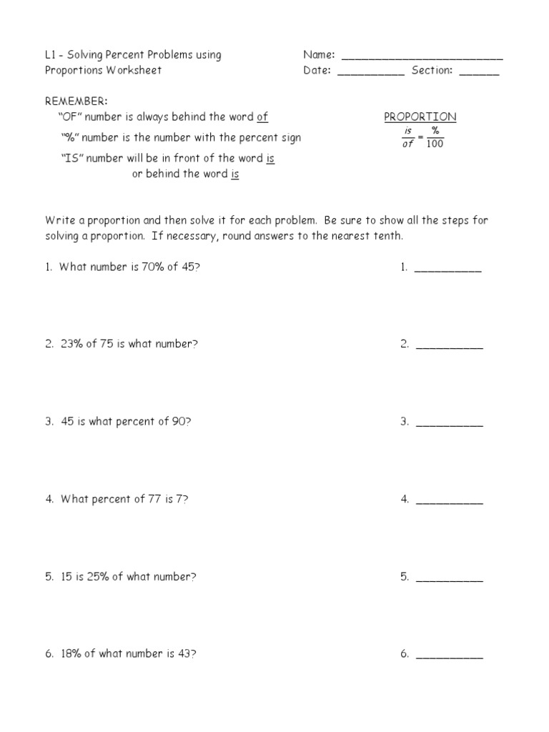 percents and proportions worksheet