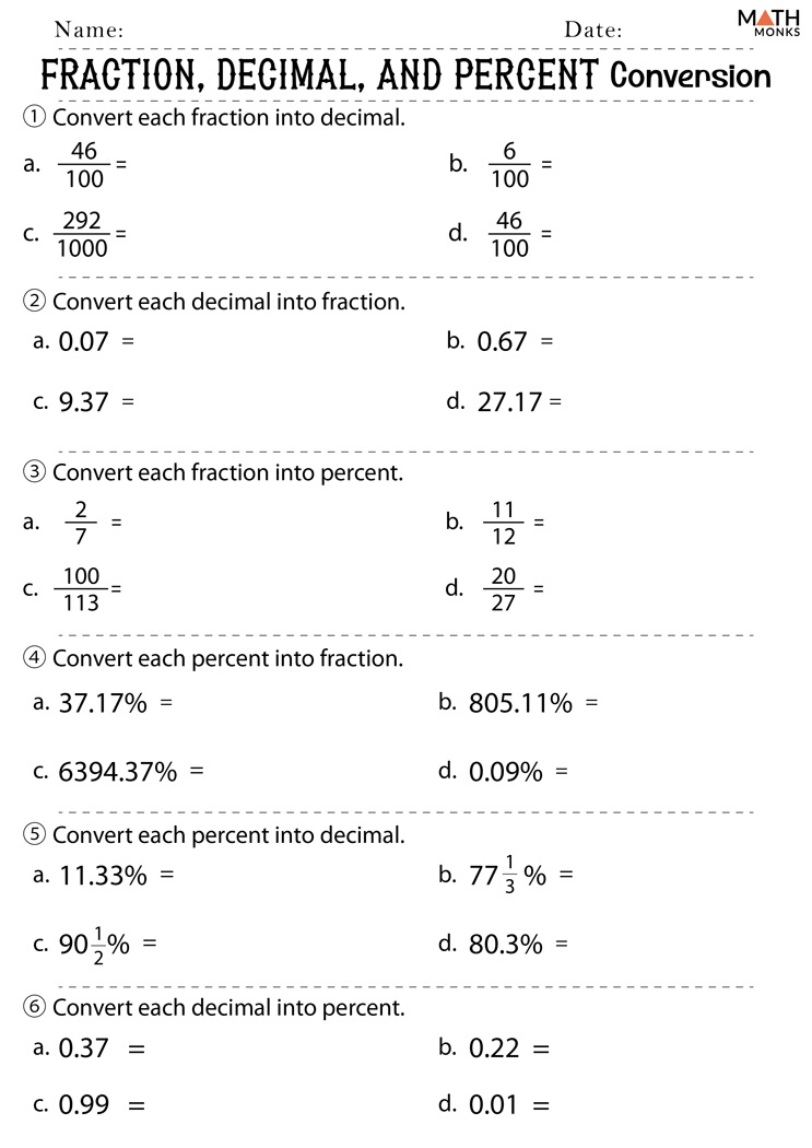 percents decimals and fractions worksheet