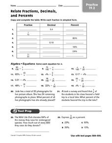 percents decimals and fractions worksheet