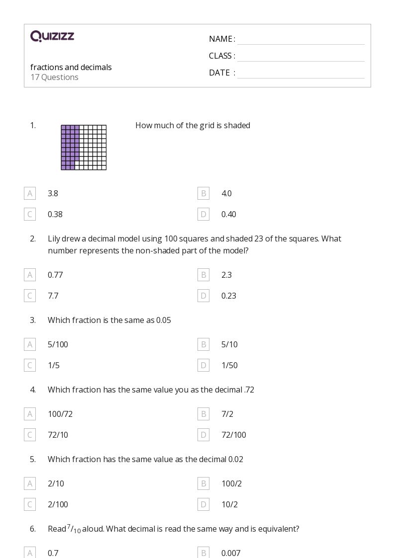 percents decimals fractions worksheet