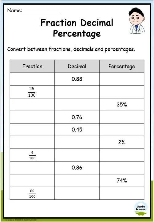 percents fractions and decimals worksheet 7th grade