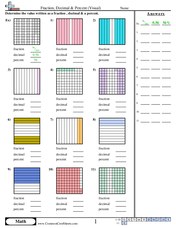 percents to decimals to fractions worksheet