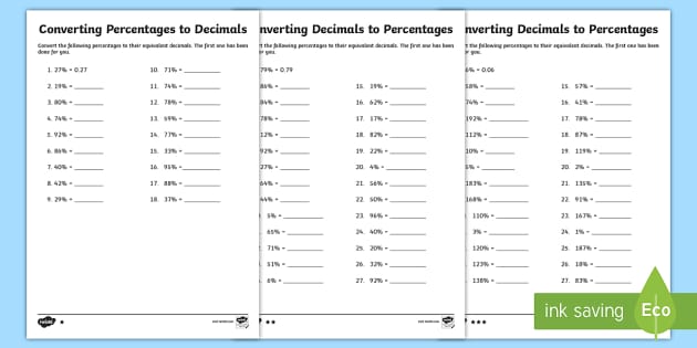 percents to decimals worksheet
