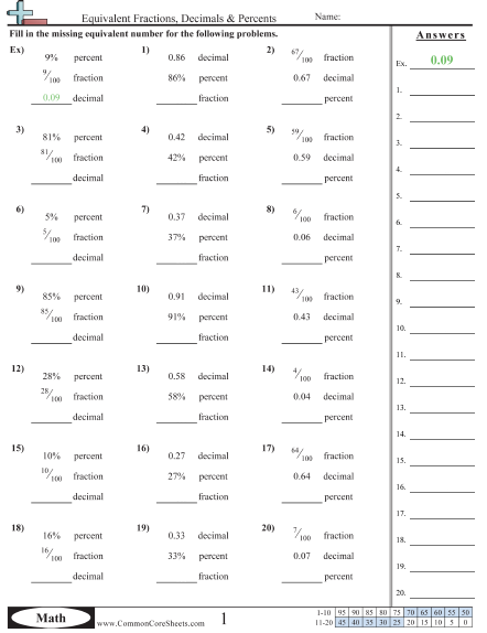 percents to fractions worksheet