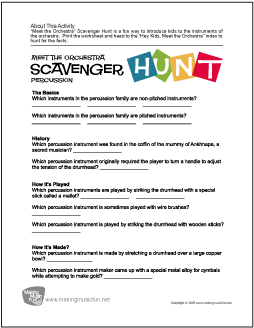 Meet the Orchestra Scavenger Hunt | Free Percussion Family Worksheet